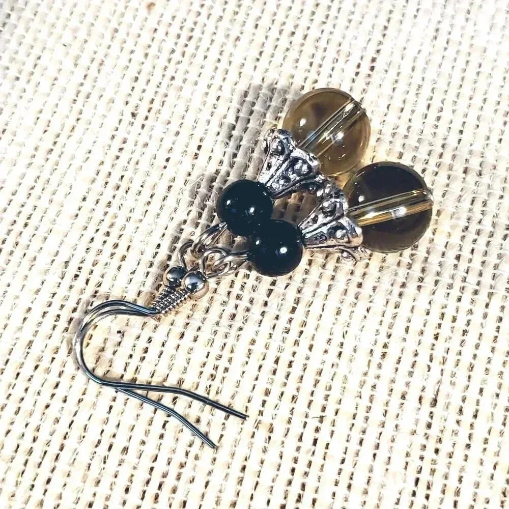Antique Silver Carved Bead Caps Smoke Gray Black Glass Earrings